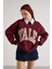 Kadın Bordo Nakışlı Şardonlu Oversize Sweatshirt 30080 6