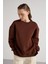 Kadın Kahve Basic Yırtmaçlı Oversize 3 Iplik Şardonlu Sweatshirts 30078 4