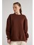 Kadın Kahve Basic Yırtmaçlı Oversize 3 Iplik Şardonlu Sweatshirts 30078 6