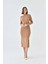Kadın Elbise Boyunlu Yırtmaçlı Örme Elbise Camel - 10582 3