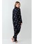 Kadın Lacivert %100 Pamuklu Geyik Desenli Önden Düğmeli Pijama Takımı 3451 3