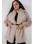 Kadın Kemerli Oversize Kürklü Kaban 9156 - Taş 3