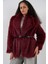 Kadın Kemerli Oversize Kürklü Kaban 9156 - Bordo 1