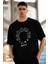 Unisex Bisiklet Yaka Baskılı Oversize T-Shirt - Siyah 2