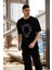 Unisex Bisiklet Yaka Baskılı Oversize T-Shirt - Siyah 4