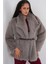 Kadın Kemerli Oversize Kürklü Kaban 9156 - Füme 2