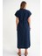 Kadın Denim Elbise V Yaka Düğme Detaylı Keten Midi Klasik Stil Lacivert 6