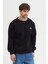 Oversize Bisiklet Yaka Şardonlu Erkek Sweatshirt 3 Iplik Pamuklu Siyah - M 4