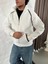 Erkek Oversize Dik Yaka Fermuarlı Sweatshirt - Zincir Nakışli Kanguru Cepli - Beyaz 1