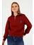 Kadın Yarım Fermuarlı Nakışlı 3ip Sweatshirt Bordo - 2664 1
