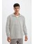 Unisex Uzun Kol Yarım Farmuarlı Yakalı Basic Sweatshirt - Gri 2