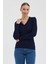 Kadın Saf %100 Pamuk Lacivert V Yaka Saç Örgü Triko Kazak – Örgü Desenli 3