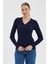 Kadın Saf %100 Pamuk Lacivert V Yaka Saç Örgü Triko Kazak – Örgü Desenli 6