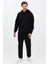 Erkek Pamuklu Eşofman Takımı Oversize Kapüşonlu 3 Iplik Kanguru Cepli Rahat Kesim Siyah - M 2