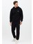 Erkek Pamuklu Nakışlı Oversize Kapüşonlu 3 Iplik Kanguru Cepli Basic Eşofman Takımı Siyah - L 3