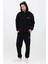 Erkek Pamuklu Nakışlı Oversize Kapüşonlu 3 Iplik Kanguru Cepli Basic Eşofman Takımı Siyah - L 5