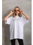 Unisex Taş Desenli Oversize T-Shirt - Beyaz 6