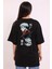 Unisex Bisiklet Yaka Baskılı Oversize T-Shirt - Siyah 2