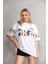 Unisex Bisiklet Yaka Baskılı Oversize T-Shirt - Beyaz 4