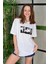 Unisex Bisiklet Yaka Baskılı Oversize T-Shirt - Beyaz 1