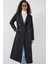 5940 Kadın Kruvaze Yaka Uzun Trençkot - Lacivert 1