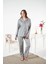 Kadın Gri Kışlık Önden Düğmeli Çizgili Kadife Pijama Takımı - 25360R 2
