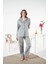 Kadın Gri Kışlık Önden Düğmeli Çizgili Kadife Pijama Takımı - 25360R 3