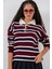 Kadın Çizgili Polo Yaka Triko Kazak 15952 - Bordo 1
