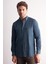 Lacivert - Yeşil Uzun Kol Düğmeli Yaka Kendinden Desenli %100 Pamuk Slim Fit Gömlek 1004255199 1