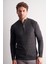 Koyu Antrasit Dik Yaka Uzun Kol Cepsiz Slim Fit Casual Pamuklu Triko Kazak 1012255108 3