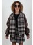Kahve Deri Garnili Ekose Oversize Bomber Ceket 5