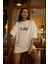 Unisex Bisiklet Yaka Baskılı Oversize T-Shirt - Beyaz 1