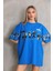 Unisex Bisiklet Yaka Baskılı Oversize T-Shirt - Mavi 5