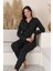 Siyah Çiçekli Dantel Detaylı V Yaka Düğmeli Mevsimlik Pamuk Likra Uzun Kol Pijama Takımı-Geniş Kalıp 5
