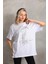 Unisex Taş Desenli Oversize T-Shirt - Beyaz 4
