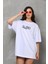 Unisex Bisiklet Yaka Baskılı Oversize T-Shirt - Beyaz 1
