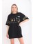 Unisex Bisiklet Yaka Baskılı Oversize T-Shirt - Siyah 2