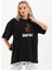 Unisex Bisiklet Yaka Baskılı Oversize T-Shirt - Siyah 1