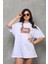Unisex Bisiklet Yaka Baskılı Oversize T-Shirt - Beyaz 4