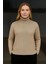 Kadın Balıkcı Yaka Bağazlı Triko Kazak Pamuklu Kalın Fitilli Dokuma - Bej 3