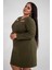 Kadın Büyük Beden Yaka Detaylı Haki Elbise 3