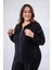 Kadın Büyük Beden Grogrenli-Fermuarlı Kapşonlu Siyah Sweat 3