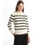 Yeni Sezon Fırfırlı Dik Yaka Çizgili Uzun Kollu Kadın Triko Kazak 1