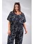 Kadın Büyük Beden Beli Lastikli Desenli Tulum Siyah 2
