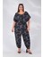 Kadın Büyük Beden Beli Lastikli Desenli Tulum Siyah 5