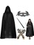 120 cm Kapüşonlu Siyah Pelerin + Asa + Dantel Maske + Uzun Dantel Siyah Eldiven Kostüm Seti 1