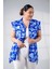 Kadın Büyük Beden Fermuarlı Çiçek Desenli Mavi Bluz 4