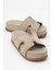 Kadın Kalın Taban Taş Bantlı Terlik Gerçek Süet Deri Zy 8147 Bej 2