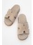 Kadın Kalın Taban Taş Bantlı Terlik Gerçek Süet Deri Zy 8147 Bej 5