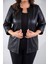 Kadın Büyük Beden Kapamasız Cepli Suni Deri Siyah Ceket 5